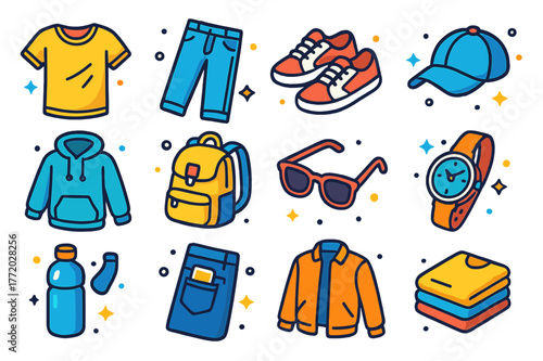 Casual Outfit Icons. Everyday casual outfits. Colorful isometric vector icons set of Everyday casual outfits: worn T-shirt, denim jeans, sneakers, baseball