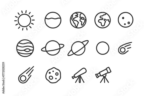 Solar System Icon Set. Solar system diagram. Line icon set of solar system diagram: sun, mercury, venus, earth, mars, jupiter, saturn, uranus, neptune, comet,