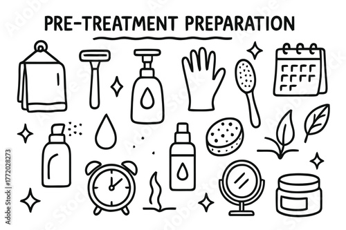 Pre-Treatment Essentials. Pre-treatment preparation. Hand-drawn doodle illustration Pre-treatment preparation towel, razor, glove, droplet, lotion bottle,