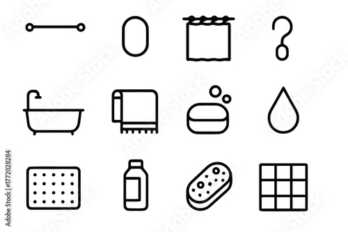 Shower Hardware Icons. Shower hardware. Line icon set of shower hardware: curtain rod, ring, shower curtain, hook, bathtub, towel, soap, water droplet, bath