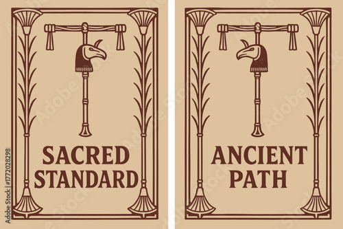 Ancient Banners Display. Ancient Standard. Two vertical A6 banners with safe margins, centered composition, no elements touching edges, retro, maroon and