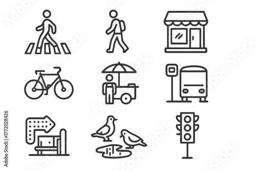 Street Icons Set. Street Photography. Line icon set of Street Photography: crosswalk, passerby, storefront, bicycle, street vendor, bus stop, neon sign,