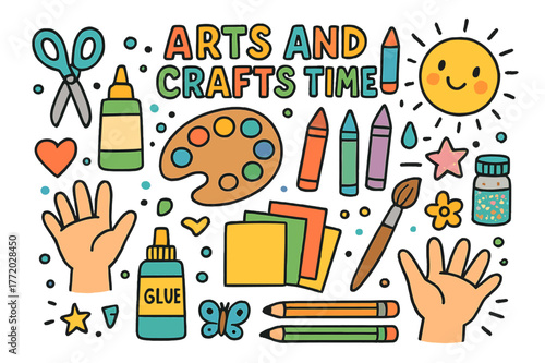 Creative Crafting Fun. Arts and crafts time. Colorful Hand-drawn doodle Children illustration Arts and crafts time scissors, glue stick, crayons, colored