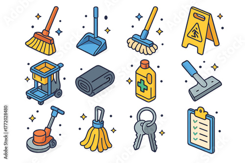 Colorful Janitorial Icons. Janitorial supplies. Colorful isometric vector icons set of Janitorial supplies: industrial broom, lobby dustpan, commercial mop,