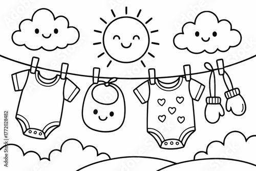 Cute Baby Laundry Day. Laundry day for baby children?s coloring book illustration, outlined drawing, cute baby clothes like onesies, bibs, and mittens hanging