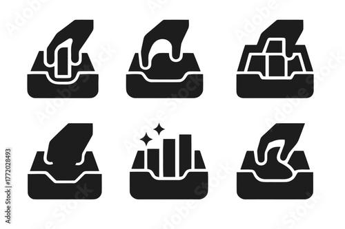 Drawer Organization Icons. Cleaning Out a Drawer. Set Logo of Organizing Icon: Filled silhouette, Abstract geometric, Negative space, Symmetrical form,