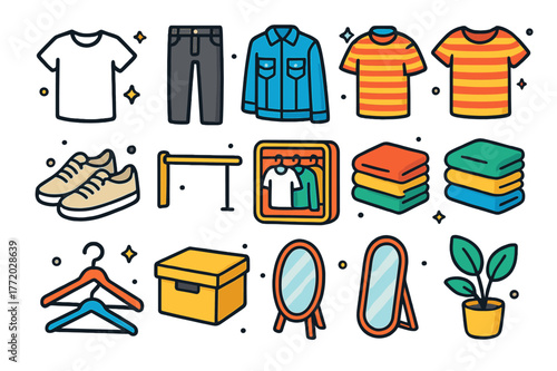Minimalist Wardrobe Icons. Minimalist wardrobe. Colorful isometric vector icons set of Minimalist wardrobe: white T-shirt, black jeans, denim jacket, striped