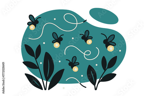 Fireflies' Dance at Dusk. Fireflies at Dusk. Tiny glowing dots drift around silhouetted leaves; soft lines trace their random dance paths. The air seems alive