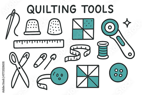 Quilting Tools Illustration. // Quilting tools. Hand-drawn doodle illustration Quilting tools [needle (accented), thimble, fabric square (accented), ruler,