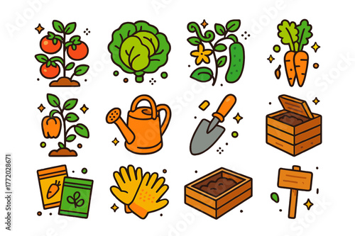 Vegetable Garden Essentials. Vegetable garden essentials. Colorful isometric vector icons set of Vegetable garden essentials: tomato plant, lettuce head,