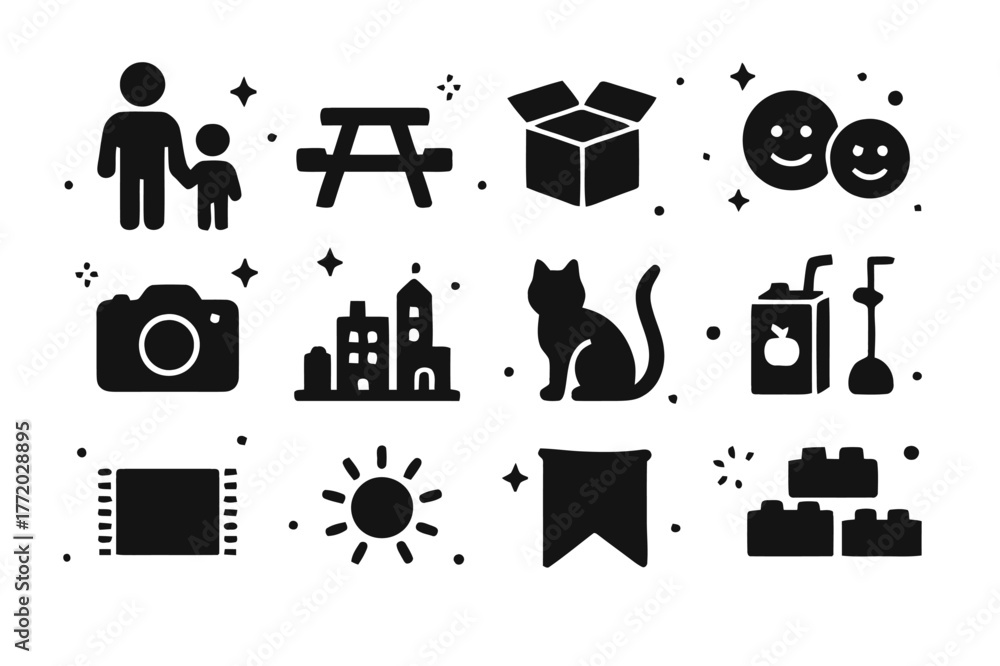Fototapeta premium Family Icons. Family Day. Solid icons set of Family Day: parent and child, picnic table, open box, smiling faces, camera, completed city, cat