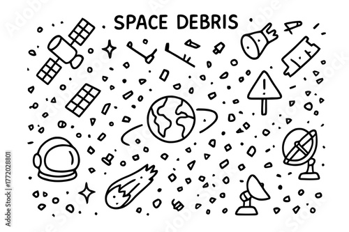 Space Debris Doodle. Space debris. Hand-drawn doodle illustration space debris satellite, rocket fragment, broken antenna, orbit path, Earth, space junk