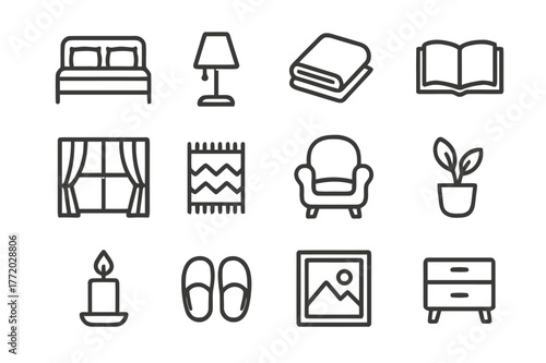 Cozy Bedroom Icons. Cozy Bedroom. Line icon set of Cozy Bedroom: bed with pillows, bedside lamp, blanket, book on bed, window with curtain, rug, soft chair,