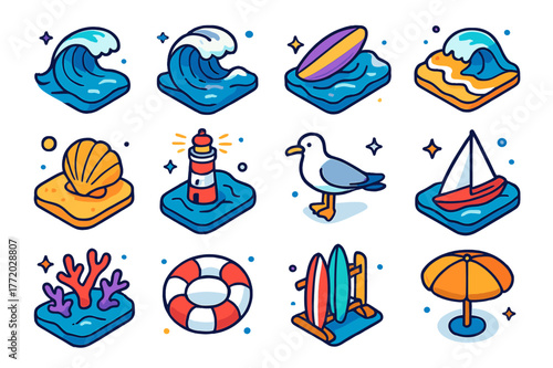 Ocean Adventure Icons. Ocean waves. Colorful isometric vector icons set of ocean waves: rolling waves, sea foam crest, surfer board, sandy beach, seashell,
