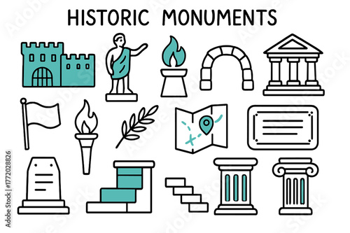 Historic Monument Doodles. // Historic monuments. Hand-drawn doodle illustration Historic monuments [fortress (accented), statue (accented), memorial flame