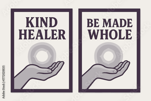 Healing Hand Banners. Healing Touch. Two vertical A6 banners with safe margins, centered composition, no elements touching edges, bold, plum and silver,