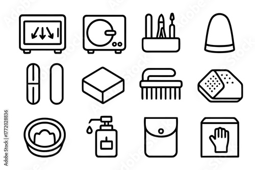 Nail Sterilization Icons. Nail care sterilization. Line icon set of nail care sterilization: UV sterilizer cabinet, autoclave, manicure tools tray, cuticle