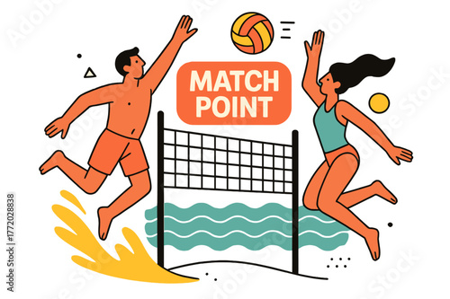 Dynamic Beach Volleyball. People engaging in sports and recreational activities ? Beach volleyball. Players leap midair, sand arcs below as the ball spins;