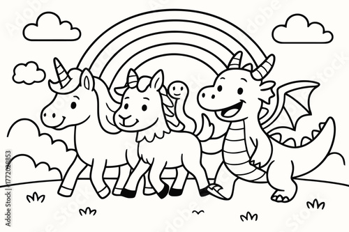 Chimera's Magical Journey. Chimera and friends adventure children?s coloring book illustration, outlined drawing, a cheerful chimera walking side by side with