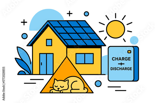 Solar-Powered Cozy Home. Home Battery & Solar Roof. A cozy house wears neat PV shingles; a wall battery glows with ?Charge ? Discharge.? A pet naps under a