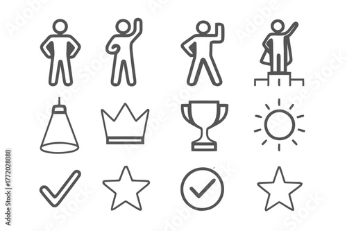 Victory Icons Set. Victory stance. Line icon set of victory stance: person standing tall, arms on hips, raised fist, confident stance, superhero silhouette,