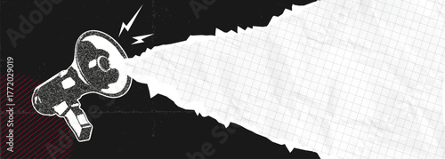 Trendy Halftone Stipple Collage Megaphone with torn paper edge. Promotion banner with space for your design. Social media announcing and marketing. Vintage and grunge. Vector illustration art