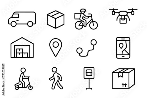 Efficient Logistics Icons. Efficient logistics. Line icon set of efficient logistics: delivery van, package, bicycle courier, drone, warehouse, map marker,