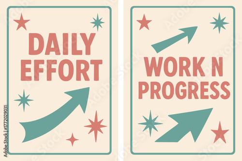 Retro Motivational Banners. Daily effort. Two vertical A6 banners with safe margins, centered composition, no elements touching edges, retro, pink and teal,