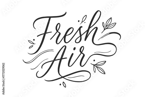 Fresh Air Brush Script. Fresh Air ? brush script hand-lettering with fluid semi-cursive strokes, elegant thin connectors, fast brush accents; composition: