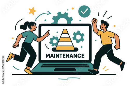 Digital Maintenance Scene. Maintenance in progress. Laptop screen displaying a digital construction cone; gears spin softly behind. Technology meets safety