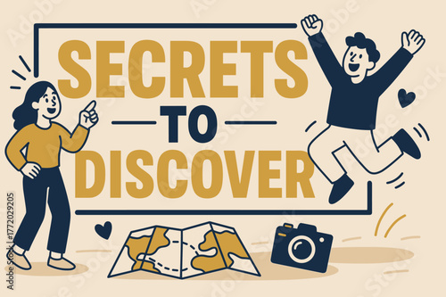 Discover Secrets Banner. Secrets to discover banner, flat vector illustration, bold oversized text inside rectangular frame, cartoon characters pointing and