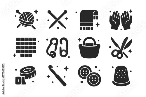 Crafting Icon Set. Crafting Warmth. Solid icons set of Crafting Warmth: yarn ball, knitting needles, scarf, hands, pattern chart, stitch markers, basket,