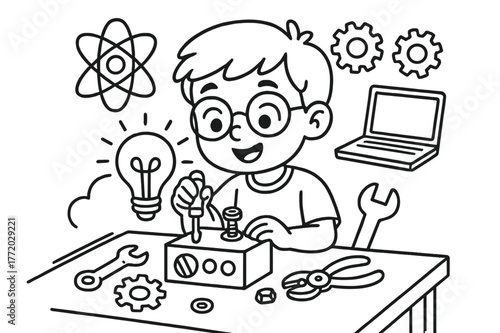 Inventive Kids' Coloring Page. innovation children?s coloring book illustration, outlined drawing, a child inventing something new with tools and gadgets,