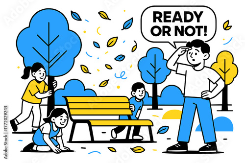 Park Hide and Seek. Hide and Seek in the Park. Kids scatter behind trees and benches; a playful ?Ready or not!? tag floats as leaves swirl like confetti. A