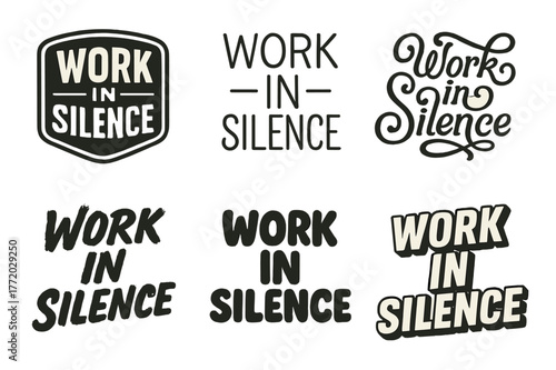 Silent Work Typography. Work in silence. Set lettering. harmonious lettering variations of the same emblematic concept, each with different artistic