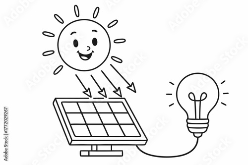 Solar Energy Coloring Fun. How solar panels work children?s coloring book illustration, outlined drawing, a cheerful sun sending arrows of light to a panel
