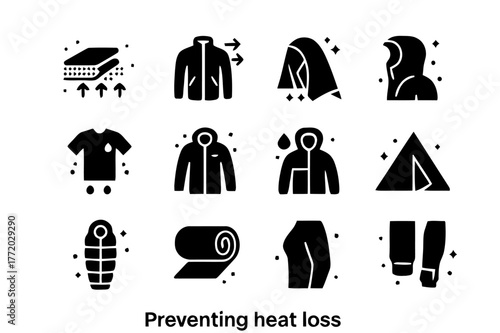 Heat Loss Prevention Icons. Preventing heat loss. Solid icons set of Preventing heat loss: conduction barrier mat, windproof shell, reflective blanket, dry