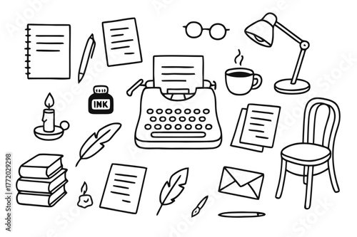 Writer's Desk Sketch. Writer?s desk. Hand-drawn doodle illustration writer?s desk notebook, pen, typewriter, coffee cup, papers, glasses, candle, ink bottle,
