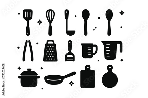 Cooking Utensil Icons. Cooking Utensils. Solid icons set of Cooking Utensils: spatula, whisk, ladle, wooden spoon, tongs, grater, peeler, measuring cup, pot,