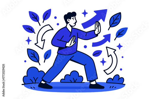 Tai Chi Serenity. Navigating stress. Person doing tai chi in park with abstract floating arrows, leaves, and sparkles; emphasizes relaxation, focus, and stress