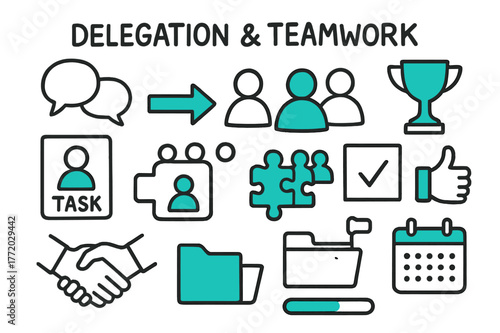 Doodle Teamwork Elements. // Delegation & teamwork. Hand-drawn doodle illustration Delegation & teamwork [handoff arrows (accented), group avatars (accented),