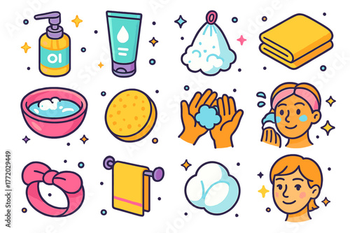 Face Cleansing Icons. Face cleansing essentials. Colorful isometric vector icons set of Face cleansing essentials: cleansing oil, gel cleanser, foaming net,