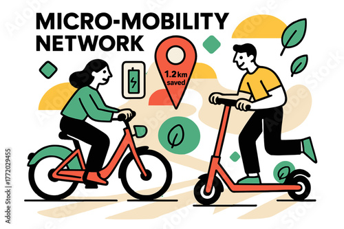 E-Bike Mobility Map. Micro-Mobility Network. E-bikes and scooters glide in clean lanes; a map pin reads ?. km saved.? Battery bars and leaf badges float like