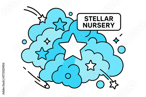 Stellar Nursery Wonder. Nebula ? Stellar Nursery. Gas clouds billow like cotton candy as tiny star icons ignite; a floating tag reads ?Stellar Nursery.?