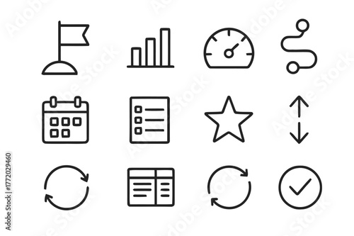 Goal Setting Icons. Goal setting and OKRs. Line icon set of goal setting and OKRs: objective flag, key result bars, KPI gauge, roadmap, calendar, backlog list,
