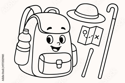 Pilgrimage Backpack Coloring. Pilgrimage backpack basics children?s coloring book illustration, outlined drawing, a cheerful backpack with a water bottle, hat,