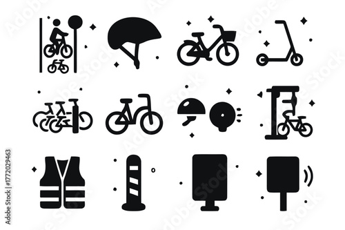 Micro-Mobility Icons Set. Bicycle and micro-mobility. Solid icons set of bicycle and micro-mobility: bike lane, cyclist helmet, shared bike, e-scooter, docking