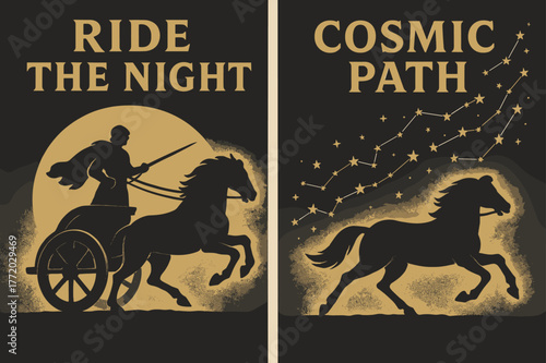 Nocturnal Chariot Banners. Nocturnal Chariot. Two vertical A6 banners with safe margins, centered composition, no elements touching edges, bold, charcoal and