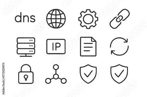 DNS Management Icons. DNS management. Line icon set of DNS management: dns letters, globe, gear, link, server, ip address, document, refresh arrows, padlock,
