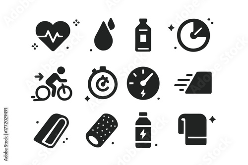 Beach Cycling Icons. Fitness cycling by the beach. Solid icons set of Fitness cycling by the beach: heart rate monitor, sweat drop, energy gel, interval timer,